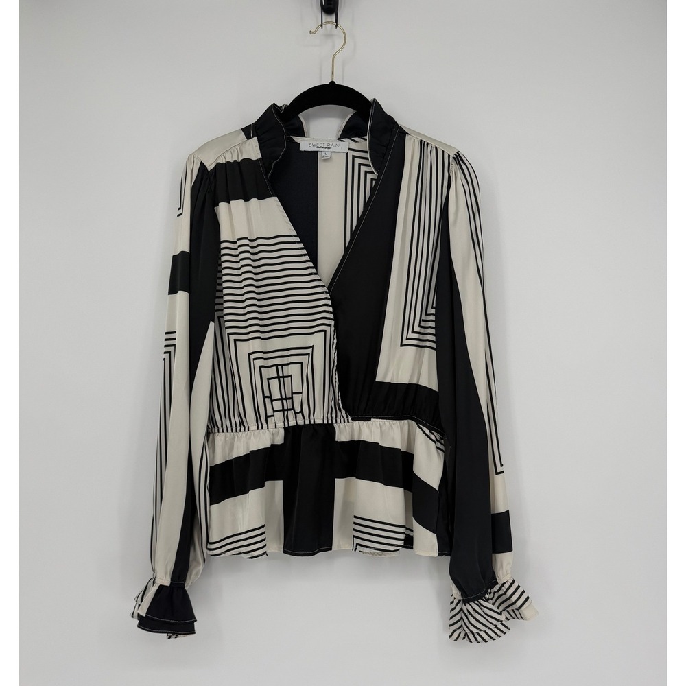 Sweet Rain Black White Geometric Ruffle Peplum Blouse Wrap V-Neck Top Large